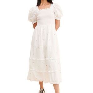 New Sister Jane Coastland Petal Midi Dress Puff Sleeve Tiered Ruffle S White